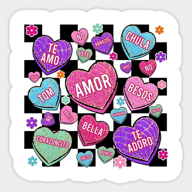 Spanish Candy Heart Conchas Valentines Day, Chenille Patch, Conversation Hearts, Mexican Valentines Sticker by artbyhintze